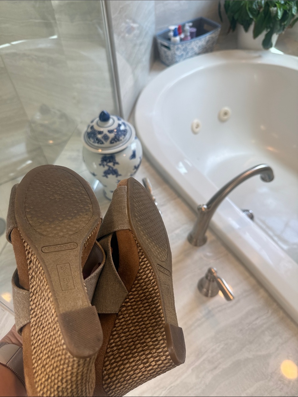 AEROSOLES Taupe Linen Crisscross Slingback Wedge Sandals - Picture 5 of 5